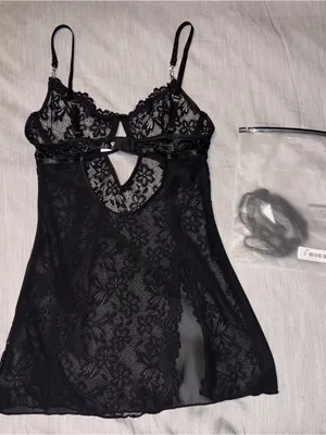Shein Small Black Lace Mesh High Slit Mini Lingerie Dress, Rhinestone Wired Cups thumbnail 7