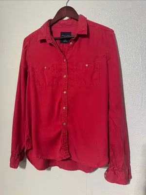 American Eagle Red Lyocell Weekender Boyfriend Utility Button Down Shirt M thumbnail 1
