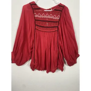Free People Red Boho Embroidered Lace Peasant Top Women’s Size S/p thumbnail 4