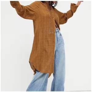 Free People One Top Womens Size XS Aubin Maxi Button Down Tabacco Brown Boho thumbnail 2