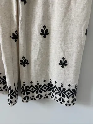 Zara Off White Black Linen Blend Geometric Boho French Countryside Casual Pants thumbnail 3