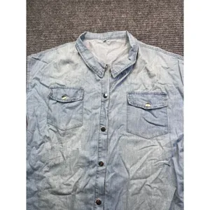Sleeveless Light Wash Chambray‎ Denim Shirt Dress Snap Front Collared Blue Large thumbnail 3