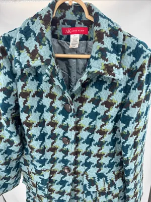 Anne Klein Teal and Brown Houndstooth Worsted Wool Peacoat S winter preppy thumbnail 5