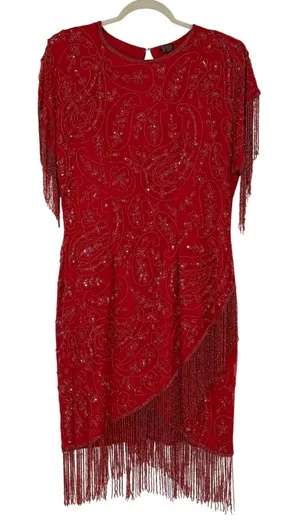 Vintage Red 100% Silk Beaded‎ Sequin Fringe Flapper Cocktail Dress thumbnail 1