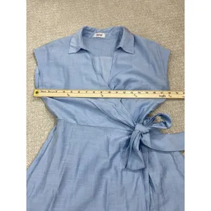 Lilyful Blue Solid Wrap V-Neck Tie Waist Lined Cap Sleeve Romper S Rayon thumbnail 11