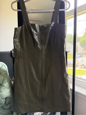 Wild Fable Olive Green Faux Leather Mini Dress Medium Zip Front Pockets Y2K thumbnail 2