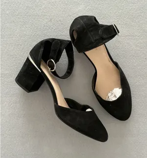Nine West Block Heel Pumps Size 10M Black Suede Ankle Strap Metallic Trim thumbnail 1
