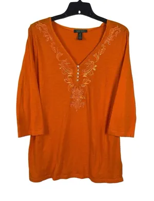 Lauren Ralph Lauren Orange 3/4 Sleeve Henley Top L Southwestern Boho thumbnail 1