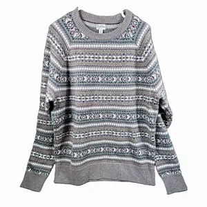 J Crew 100% Merino Wool Intarsia Sweater Gray Purple Fair Isle Womens Large thumbnail 2