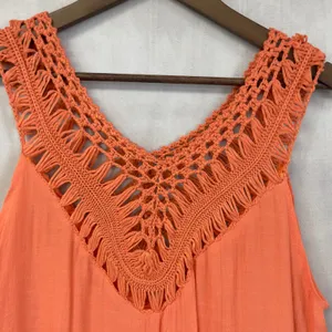 Bohemian Crochet Trim Tank Top Coverup‎ Women Medium Flowy Indie Coastal Cowgirl thumbnail 3