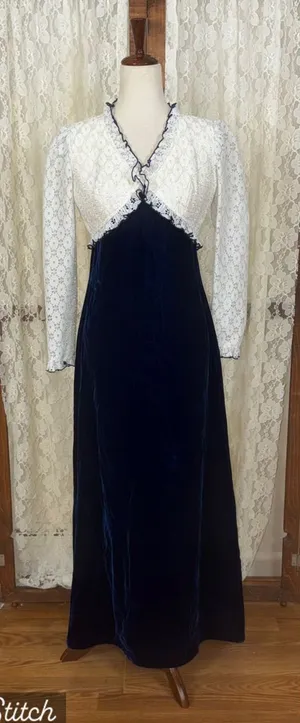 Gorgeous Vintage 1970s Navy Blue Velvet Formal Gown thumbnail 1