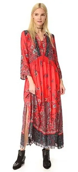 Free People If You Only Knew Maxi Dress Red Boho Peasant Caftan Cottagecore S thumbnail 1