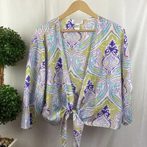 Soft Surroundings 100% Silk White Print Tie Waist 3/4 Sleeve Blouse Top 2X thumbnail 2