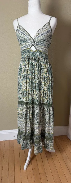 Angie Boho Tiered Cut Out Floral Dress Green Size Small thumbnail 1