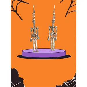 Silver Halloween Skeleton Dangle Earrings Gothic Vintage Style thumbnail 3