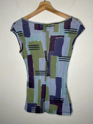 Y2K Vintage NY & Company Blue Purple Abstract Geometric Surplice Wrap Blouse thumbnail 4