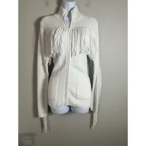 Minnie Rose White Cotton Shaker Mock Neck Zip Up Fringe‎ Jacket 8912 New thumbnail 3