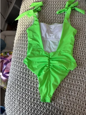 Neon green one piece with low back and ruched butt swimsuit size small wot thumbnail 4