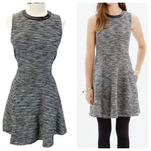 Madewell Womens 10 Anywhere Dress Mini Skater Black White Tweed Faux Leather‎ thumbnail 2