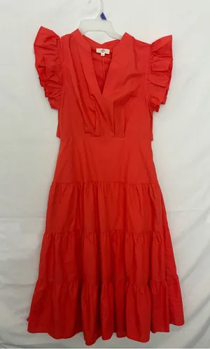 Entro Tiered Midi Dress Large Red Orange Ruffle Sleeve Back Cutout NWOT(A906) thumbnail 1