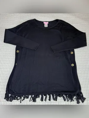 Lilly Pulitzer Ramona Fringe Sweater Navy Small Side Button Preppy Tight Knit thumbnail 2