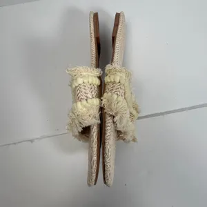 Woven Straw Slide Sandals Beige Fringe Pom Pom Trim‎ Flat Beach Size 10 thumbnail 5