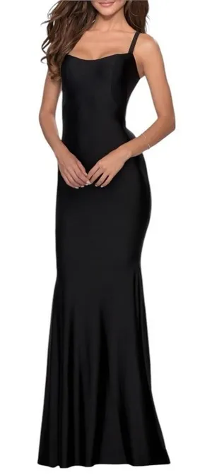 La Femme Lace Up Back‎ Jersey Mermaid Gown Black 6 thumbnail 1