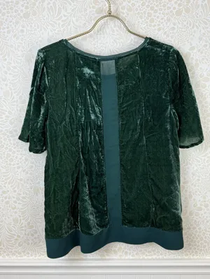 Maeve by Anthropologie Dark Green Crushed Velvet Short Sleeve Top - Size - Large thumbnail 2