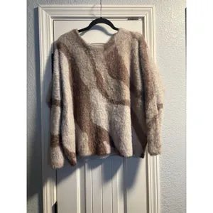 POL Sweater Womens Size S Brown Cream Abstract‎ Fuzzy Eyelash Knit V-Neck BST505 thumbnail 5