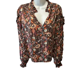 Evereve Clara Floral Paisley Long Sleeve V Neck Blouse/Top M Ruffle Trim Career thumbnail 5