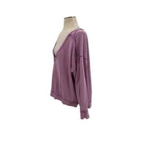 Free People‎ We The Free Oversized V Neck Raw Seam Sweatshirt Purple Small thumbnail 2