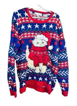 Jolly Sweaters Women's XL Blue/Red Ugly Christmas‎ Sweater Furry Cat Persian thumbnail 1