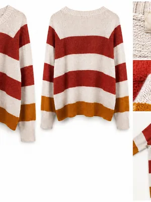 Pinque XL Colorblock Striped Knit Sweater Oversized Cream Rust Mustard thumbnail 2