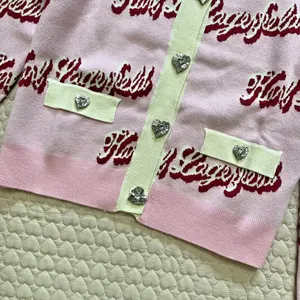 $399 NWT Karl Lagerfeld Pink Logo Cropped Cardigan Crystal Buttons Wool Blend thumbnail 5