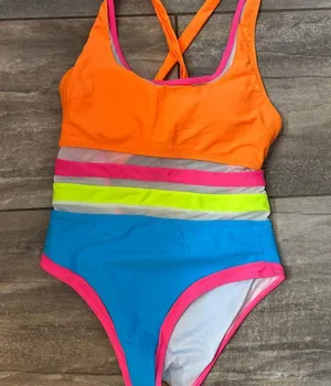 Brand New Popvil Color Block Mesh Back Self Tie One Piece Swimsuit thumbnail 3