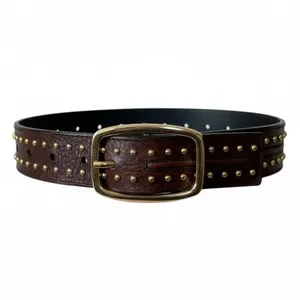 Western Boho Brown Studded Genuine Leather Belt Antique Gold Women’s Size Small thumbnail 2