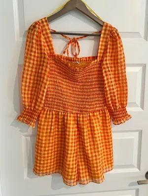 Day + Moon Gingham Romper Orange Yellow Size L thumbnail 1