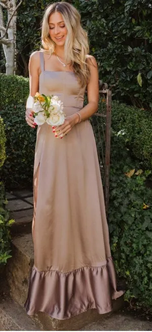 Show Me Your MuMu Taupe Satin Maxi Dress with Ruffle Hem thumbnail 1