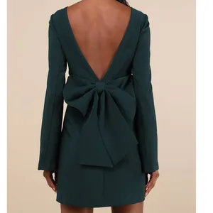 NEW Lulus Elegant Cutie Emerald Bow Bell-Style Long Sleeve Backless Mini Dress thumbnail 4