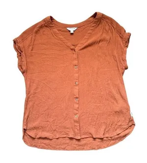 Orvis Women's‎ Large Burnt Orange Rust Woven Crinkle Crape Button Front Blouse thumbnail 1