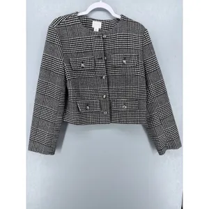 H&M Womens Jacket Houndstooth Cropped Silver Crest Button Black‎ White M thumbnail 2