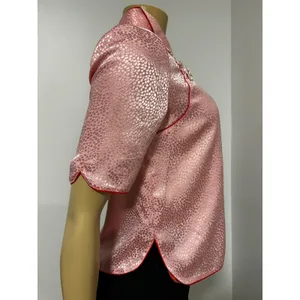 VTG ASIAN Pink Satin Jacquard Frog Button Blouse Red Piping Mandarin Collar Top thumbnail 7