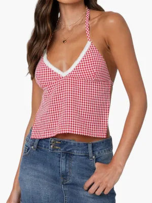 Edikted Charmaine Open Back Gingham Halter Top Red White Small NEW $31 thumbnail 1