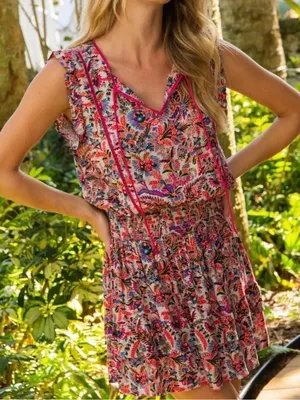 Natural Life Lyla Smocked Mini Dress Pink Palms XS thumbnail 1