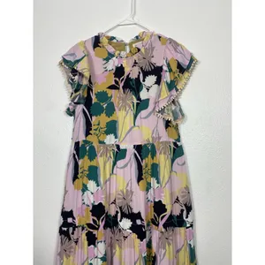 pantsstore Floral Ruffle Maxi Dress Pom Pom Accents Pink Yellow Green Size S thumbnail 3