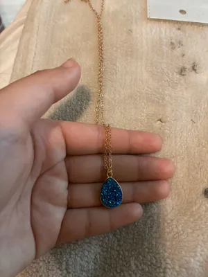 Blue Teardrop Druzy Pendant Gold Chain Necklace thumbnail 2