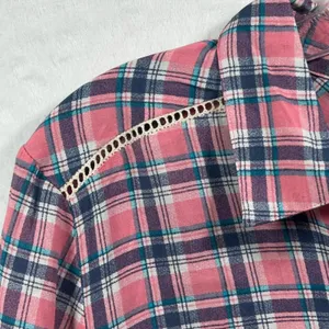 Entro Pink Navy Plaid Button Down Shirt Crochet Lace Frayed Hem‎ T6382 Large thumbnail 7