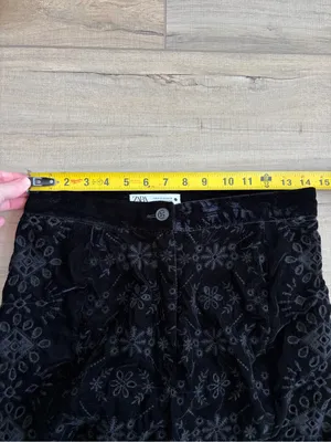 Zara Alina Black Velvet Embroidered Eyelet Wide Leg Contemporary Pant Trousers M thumbnail 8