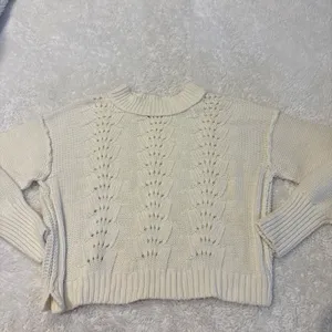 Free People Womens Cropped Bell Song Knit in Bone Sweater Boho Indie Casual Sz L thumbnail 2