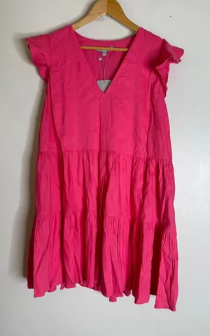 antonio melani Large Pink V Neck Flutter Sleeve A Line Linen Blend‎ Dress CP thumbnail 1